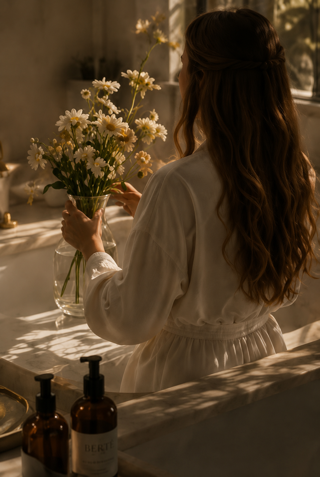 Ritual Berté — flores frescas e produtos sobre a bancada de pedra