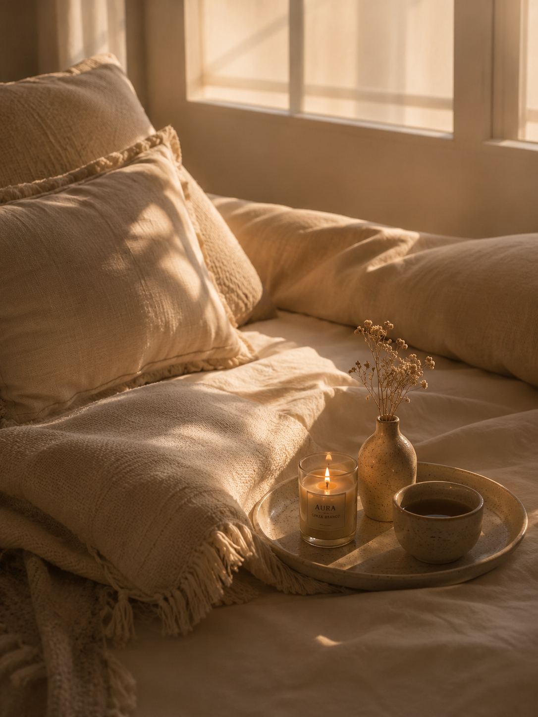 Vela e flores secas à luz de fim de tarde — Berté