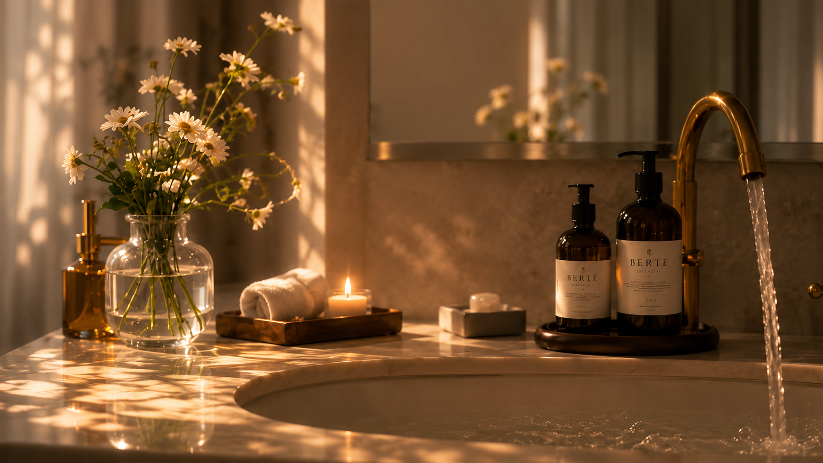 Bancada Berté — flores, vela e produtos à luz de fim de tarde